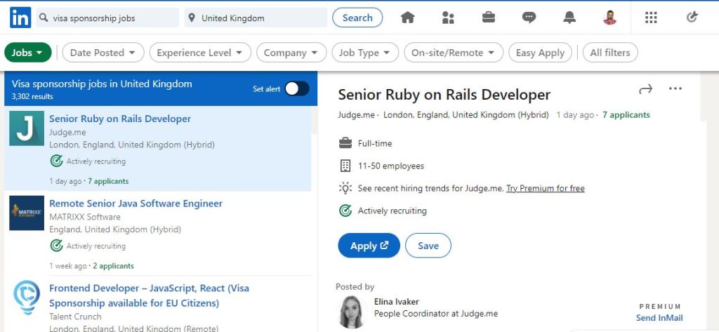 Search results from Linkedin for visa sponsorship jobs