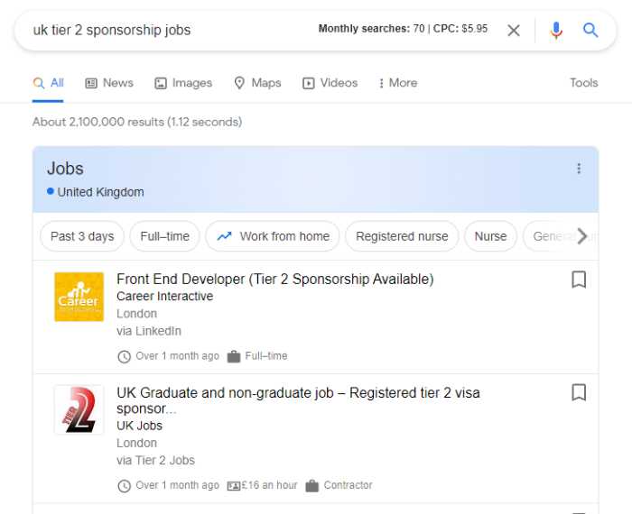 Using Google to find visa sponsorship jobs